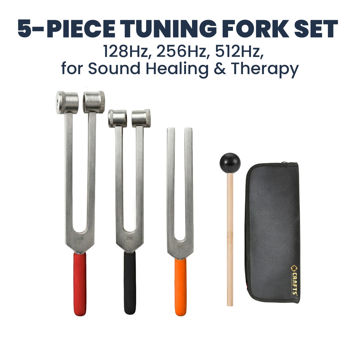 NS Crafts tuning fork set 128, 256 and 512 Hz with grip, mallet and leather pouches – image 2