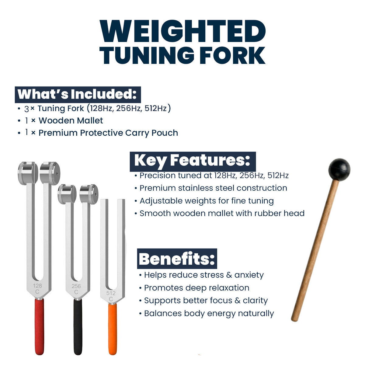 NS Crafts tuning fork set 128, 256 and 512 Hz with grip, mallet and leather pouches – image 5
