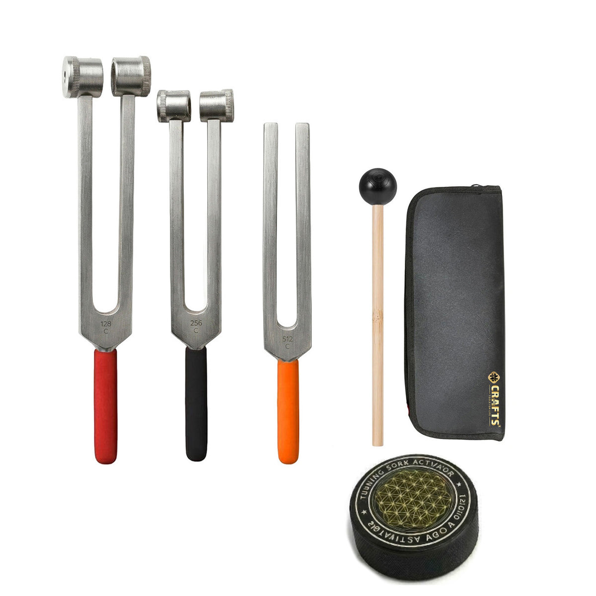 NS Crafts tuning fork set 128, 256 and 512 Hz with grip, activator, mallet and leather pouches – image 1