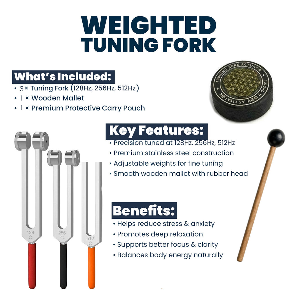 NS Crafts tuning fork set 128, 256 and 512 Hz with grip, activator, mallet and leather pouches – image 5