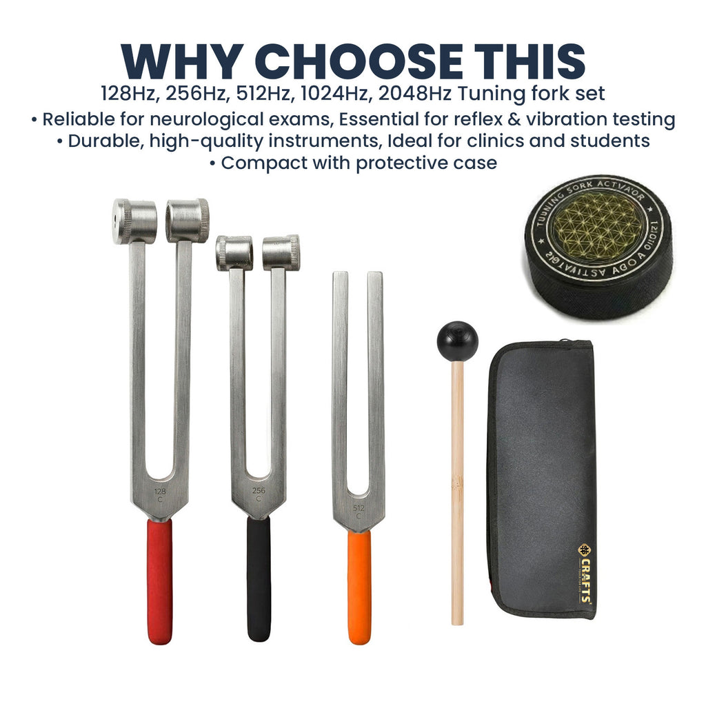 NS Crafts tuning fork set 128, 256 and 512 Hz with grip, activator, mallet and leather pouches – image 6
