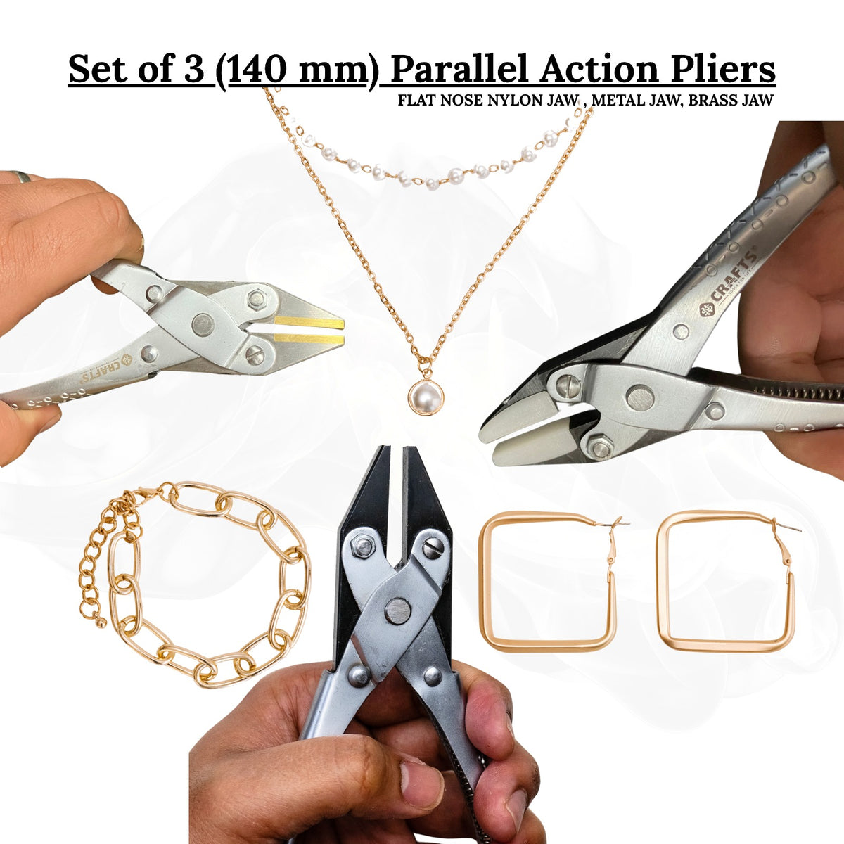 Jewelry pliers set featuring nylon, metal, and brass jaws for precision work.

