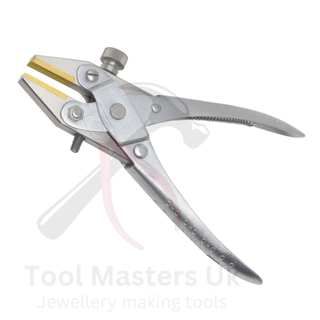 Jewelry tool: flat nose pliers with brass-lined jaw and parallel grip.

