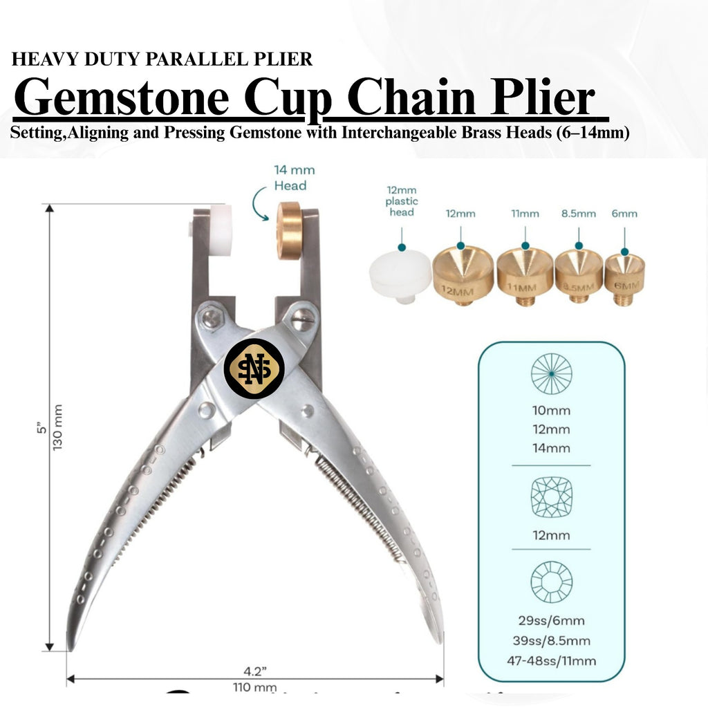 Parallel pliers for gemstone cup chains ranging from 6 to 14mm with brass heads.


