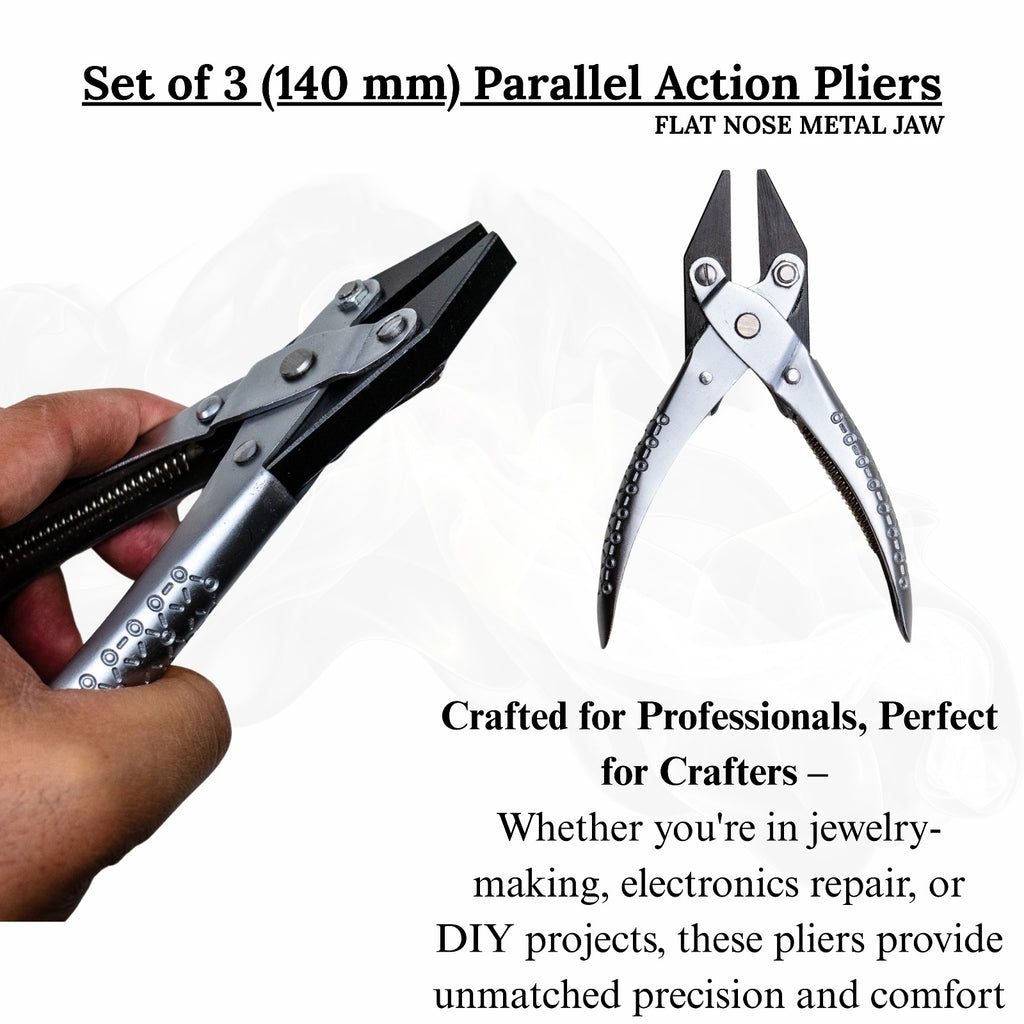 Durable jewelry pliers with three jaw types for shaping and forming metal pieces.

