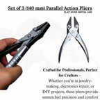 Durable jewelry pliers with three jaw types for shaping and forming metal pieces.

