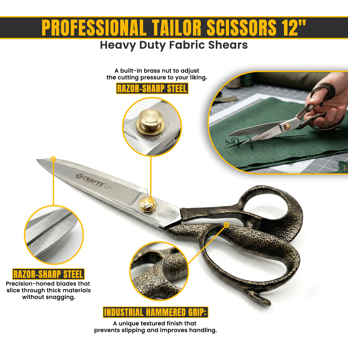 Extra sharp stainless steel blades on 12 inch tailor scissors