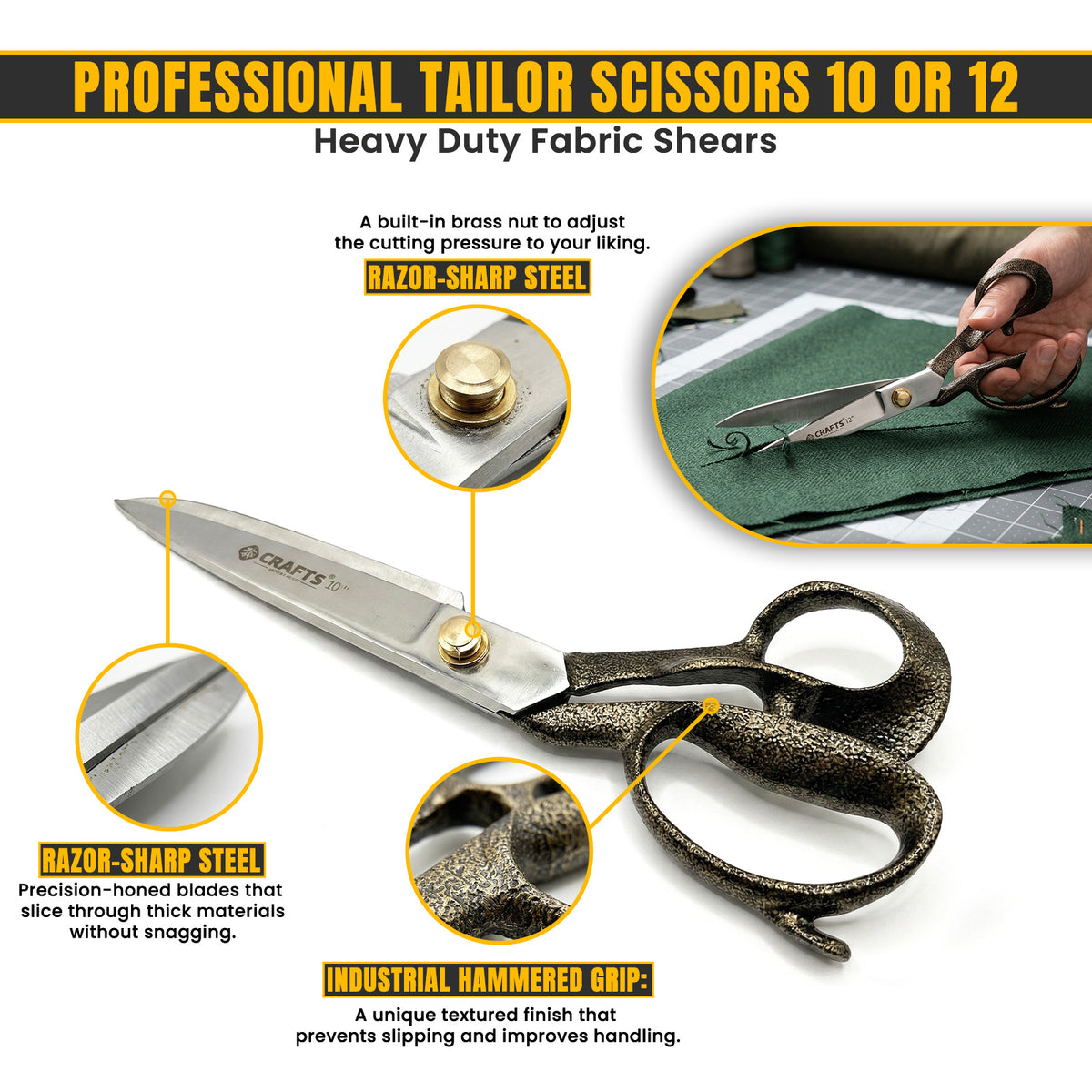 Extra sharp stainless steel blades on premium tailor scissors