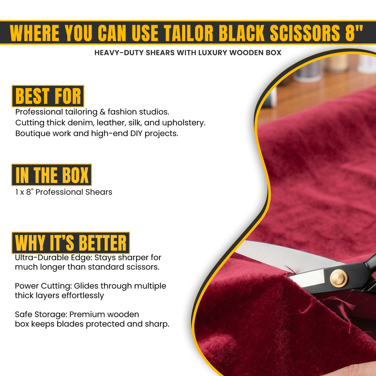 Black grip handle on 8 inch dressmaking scissors