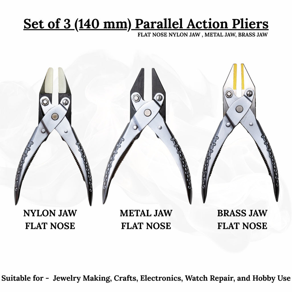 Set of 3 parallel action pliers with 140mm flat nose for professional jewelry making.


