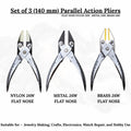 Set of 3 parallel action pliers with 140mm flat nose for professional jewelry making.

