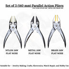 Set of 3 parallel action pliers with 140mm flat nose for professional jewelry making.

