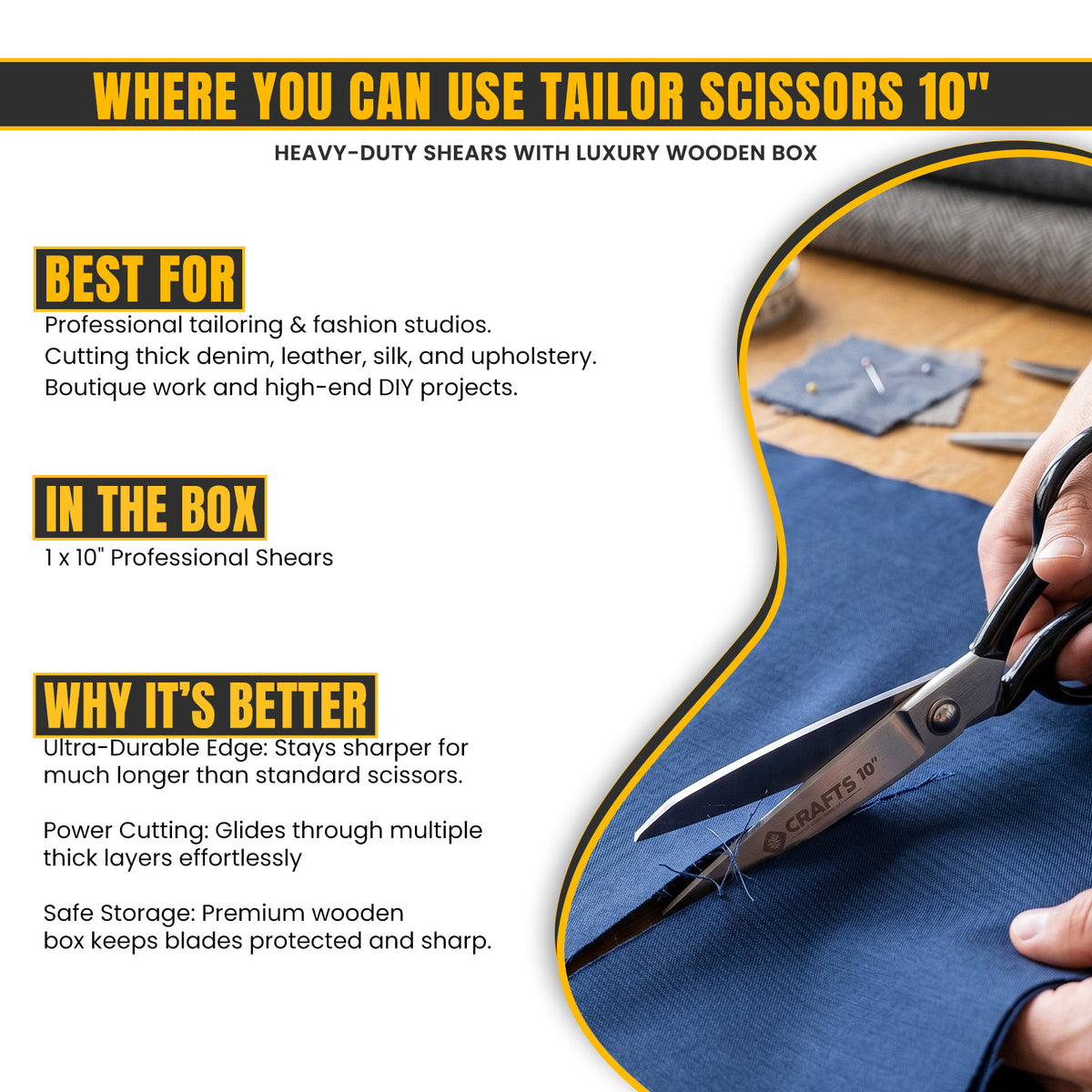 Ergonomic grip handle on 10 inch sewing shears