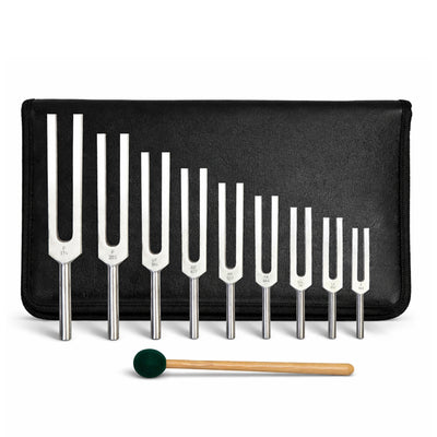 Solfeggio tuning fork set of 9 – 174 to 963 Hz with silicone mallet and pouch