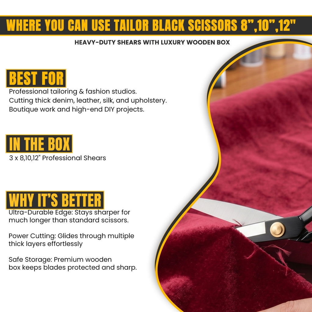 Black grip handles on 3 piece dressmaking scissors set