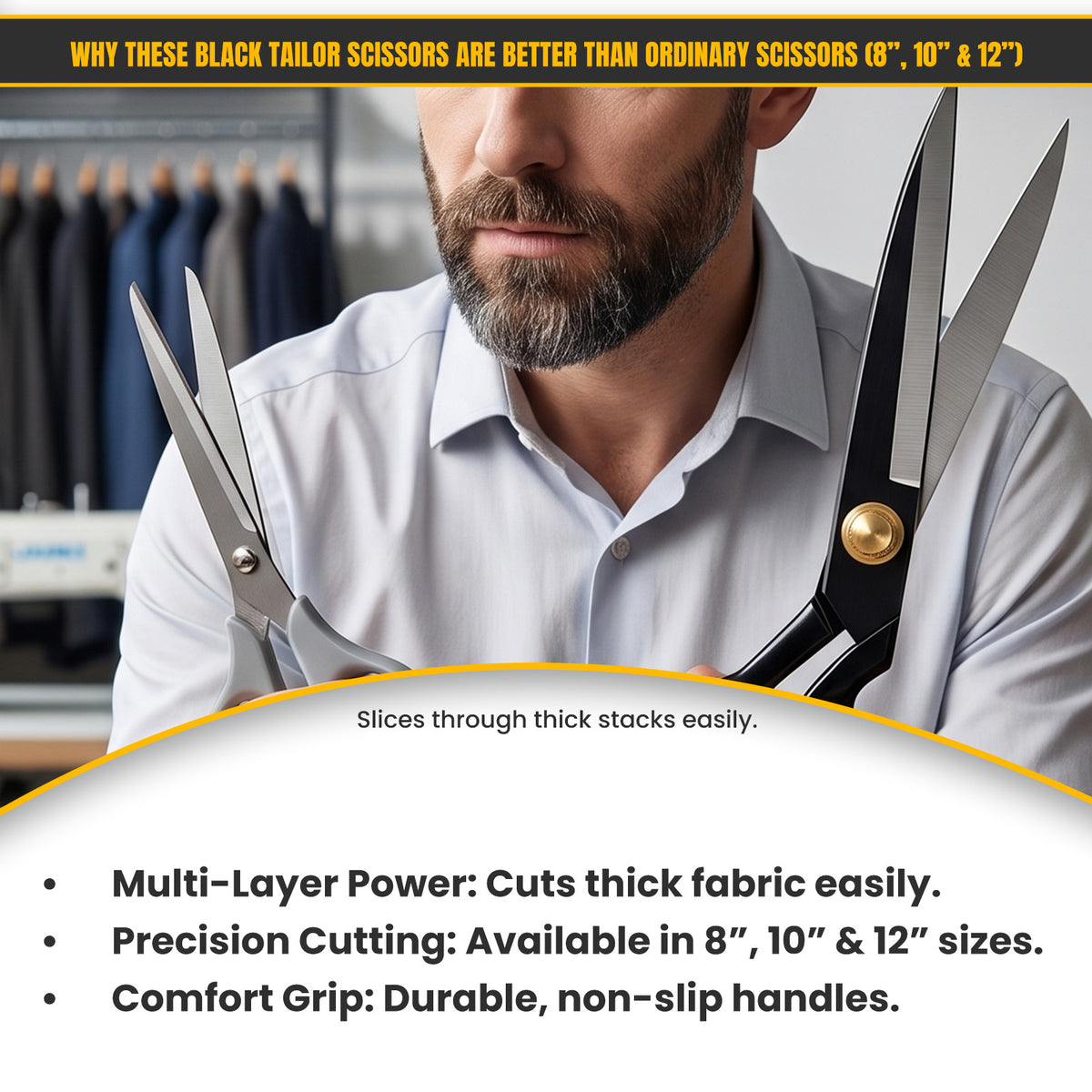 Precision ground blades on all black tailor scissors