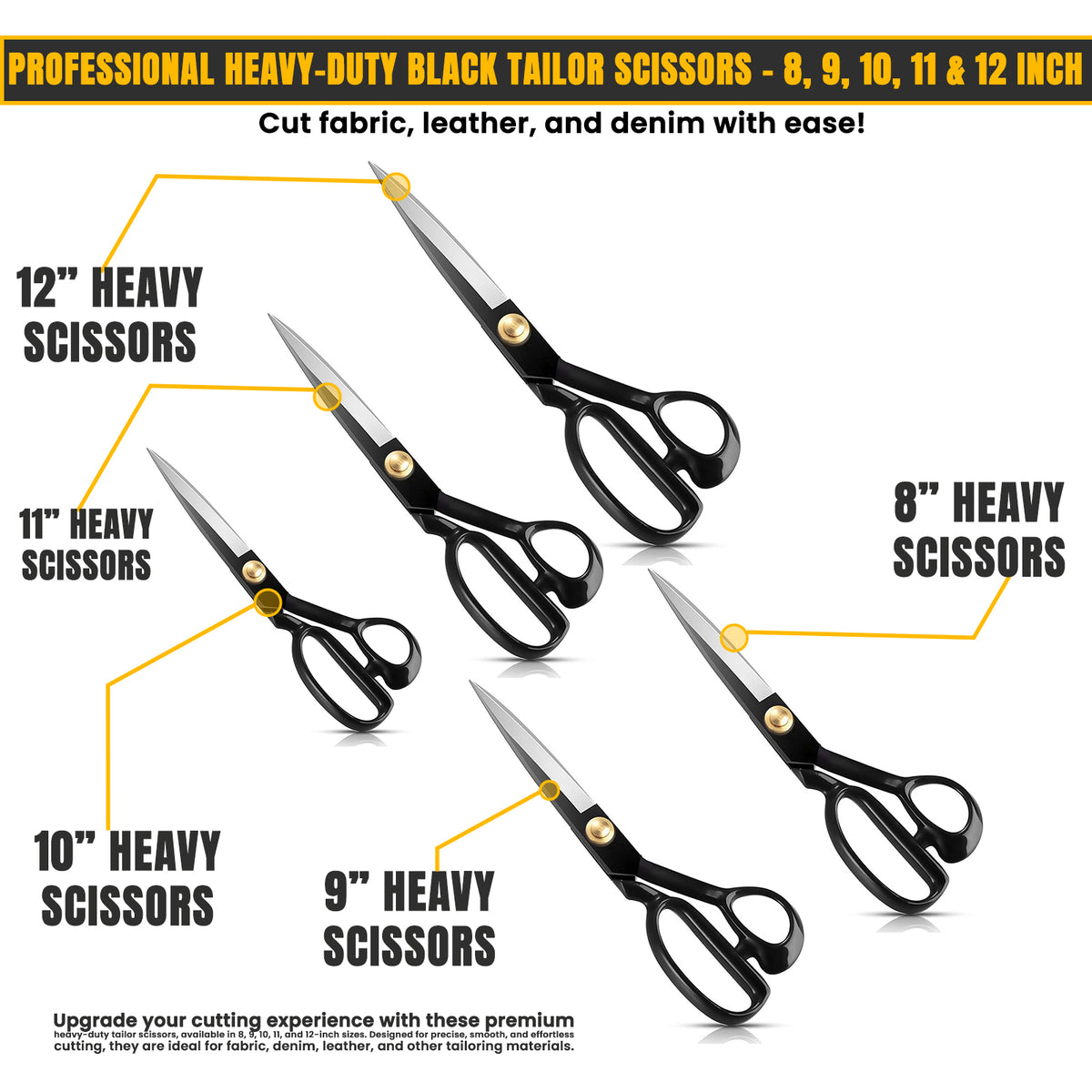 All black fabric scissors set 8, 9, 10, 11 and 12 inch