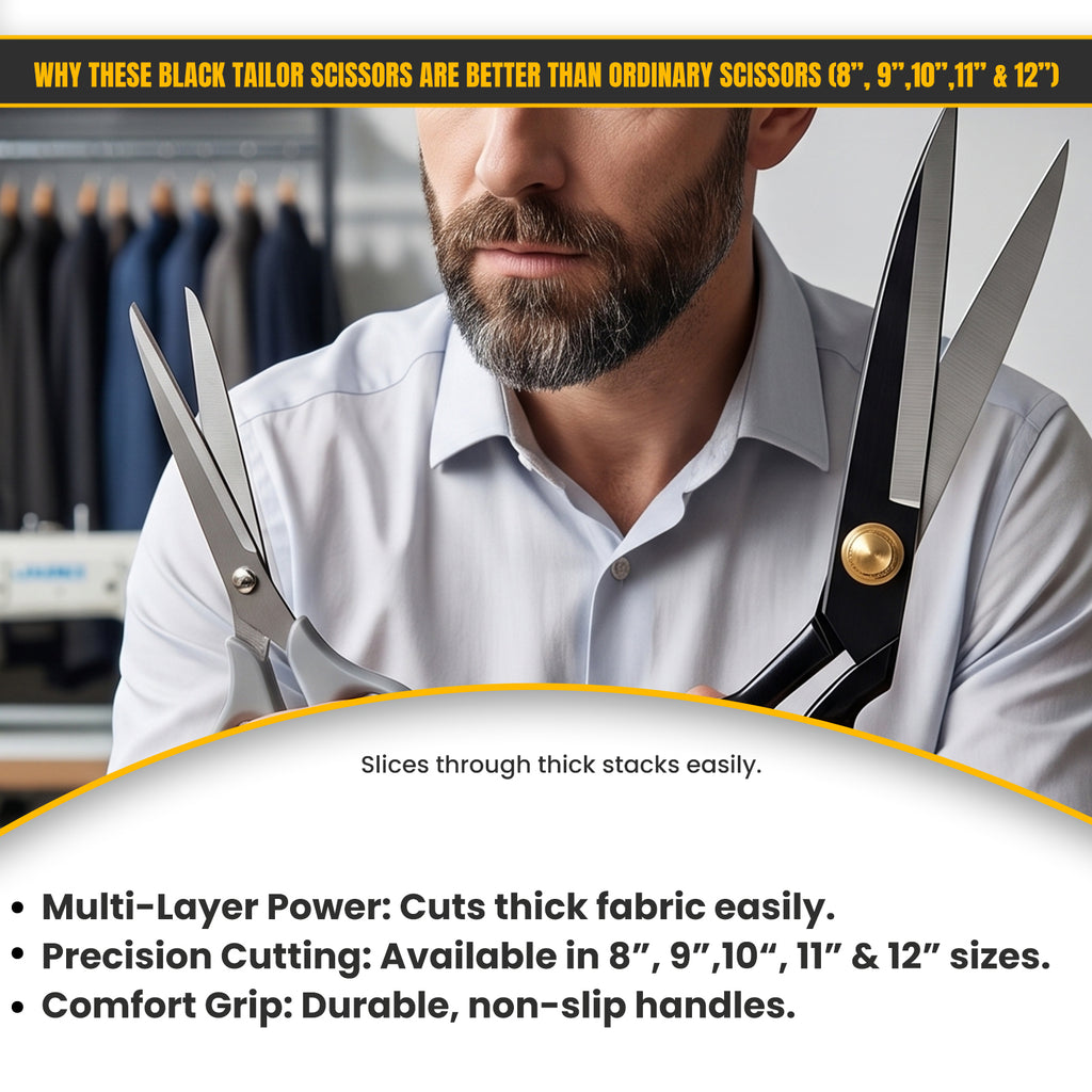 Precision ground blades on all black tailor scissors set
