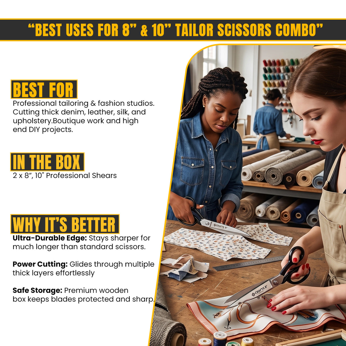 Black ergonomic handles on dressmaking shears