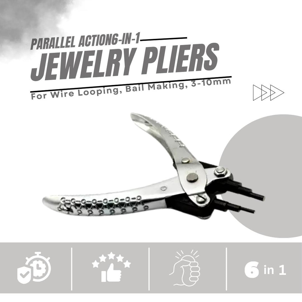 Wire wrapping pliers with 6-in-1 parallel action for multiple jewelry uses.

