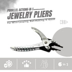 Wire wrapping pliers with 6-in-1 parallel action for multiple jewelry uses.

